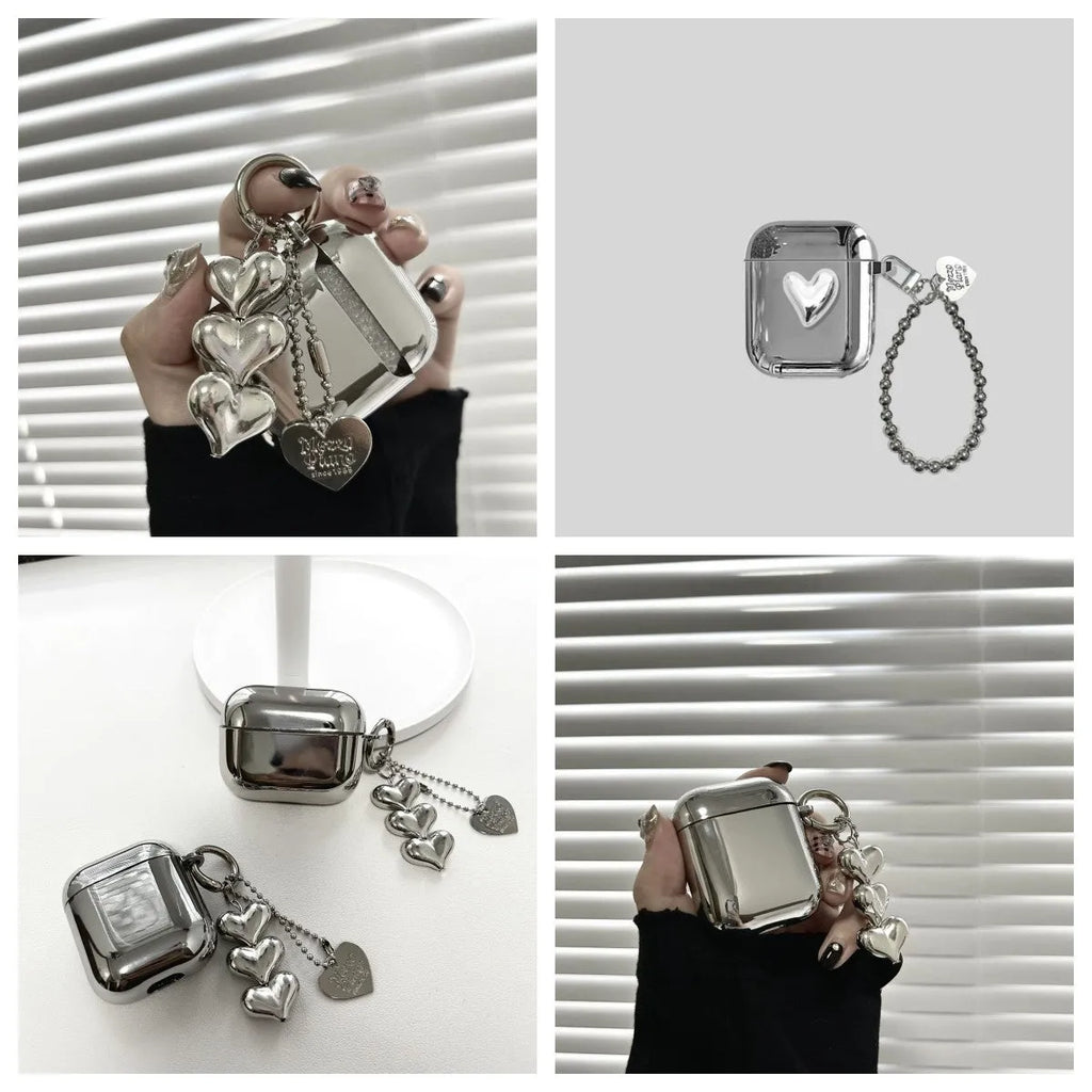 Electroplated solid colour TPU headphone case with attached heart pendant jewellery for AirPods