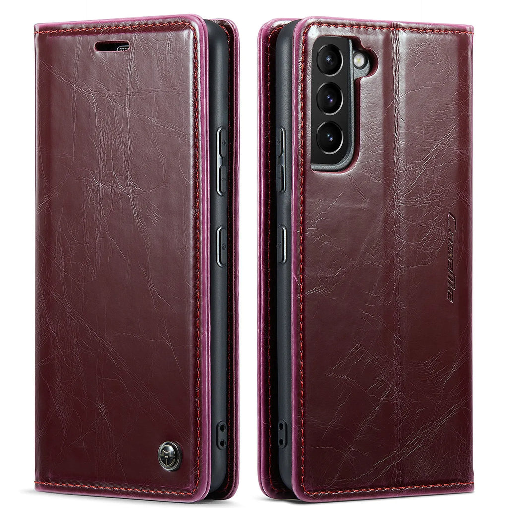Crazy Horse pattern card flip phone case with magnetic closure for Samsung Galaxy A55, black PC leather finish