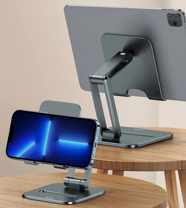 Deep space grey aluminium folding stand holding a tablet and a mobile phone.