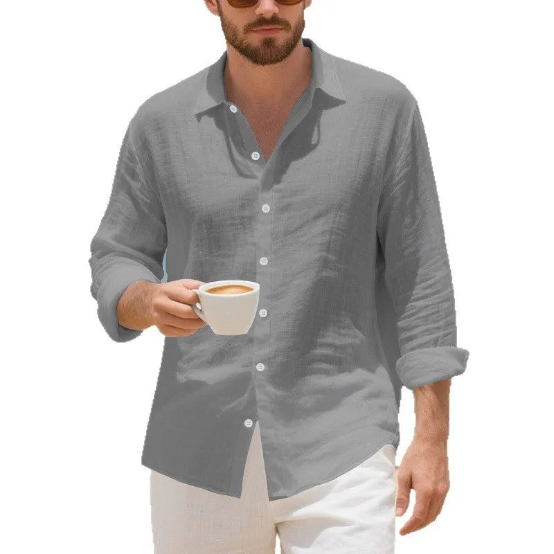 Men's loose fit linen casual shirt in khaki colour on a hanger