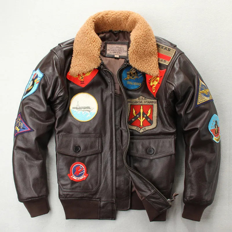 Men's embroidered cowhide leather motorcycle jacket, short zip front, brown or black, sizes S to XXXL