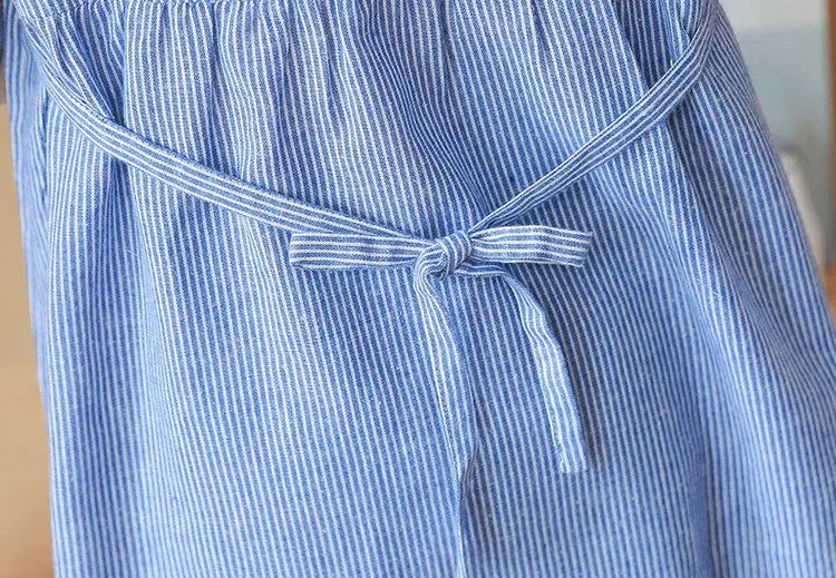 Striped maternity top with stand-up collar and long sleeves in sky blue or red, sizes M to 2XL