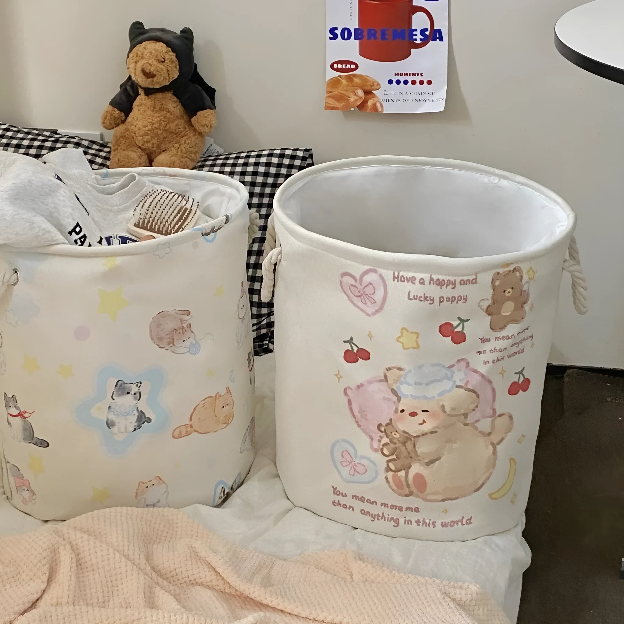 Foldable cotton laundry basket with bear design in modern simple style for bedroom storage