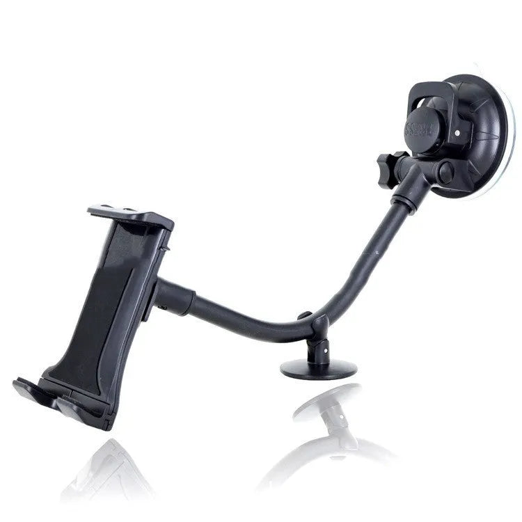 Black universal 4-12 inch car tablet holder with long-rod suction cup mounted on a dashboard.