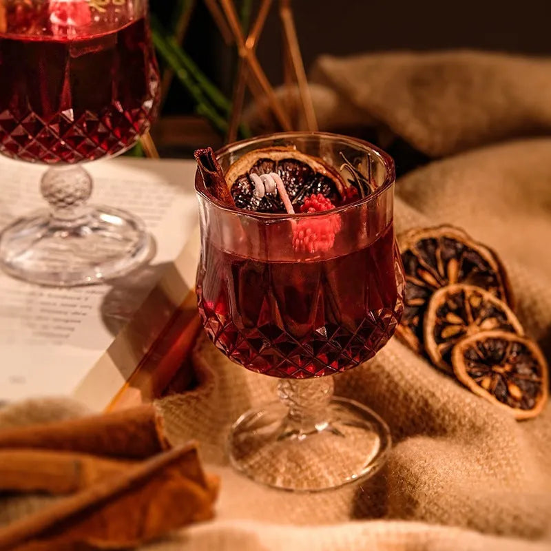 Clear glass goblet scented candle with French mulled wine style jelly wax