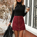 High waist women's short skirt with front stitching detail and side zipper in black