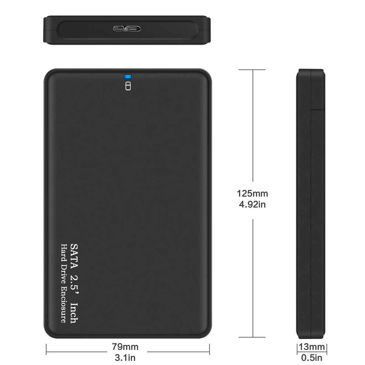Black 2.5-inch external hard drive enclosure with USB 3.0 and SATA connector