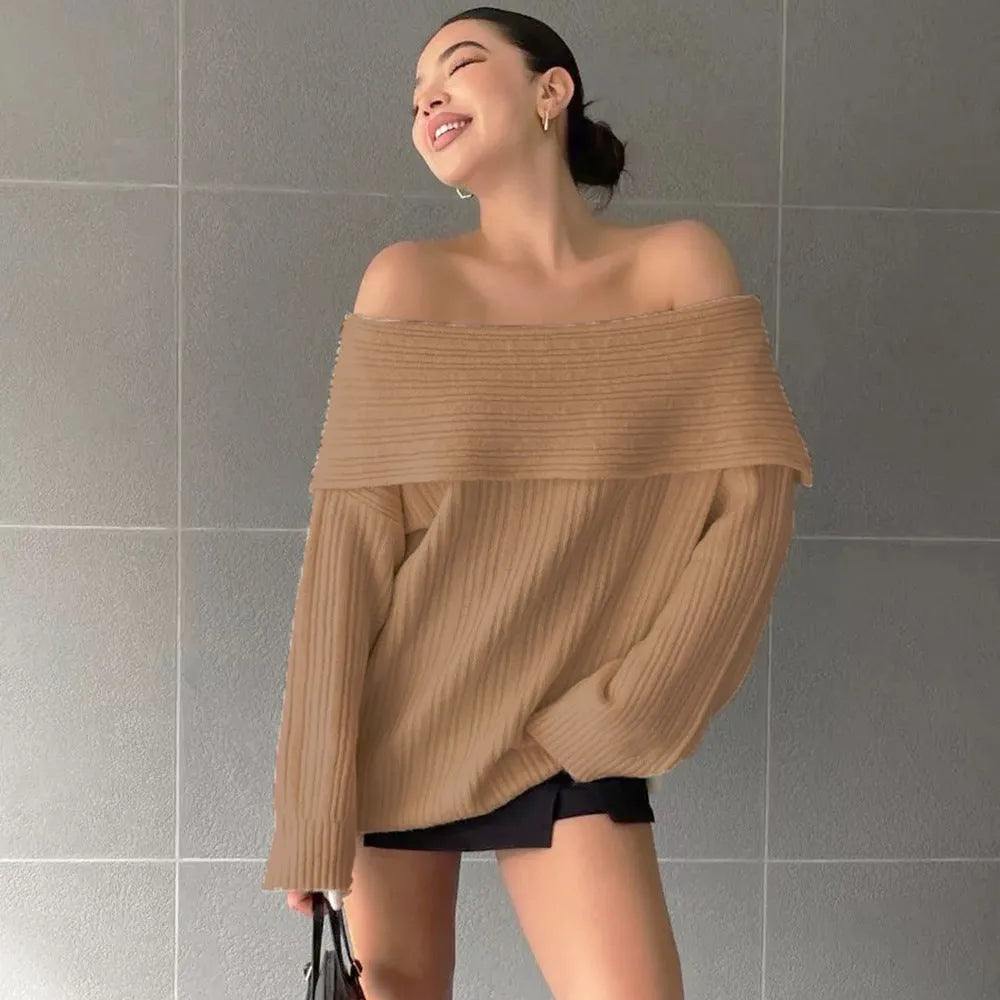 Women's loose-fitting off-neck pullover sweater in acrylic fibre, shown in black, white, khaki, or red.