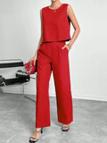 Women's red sleeveless top and wide leg trousers two-piece set on hanger