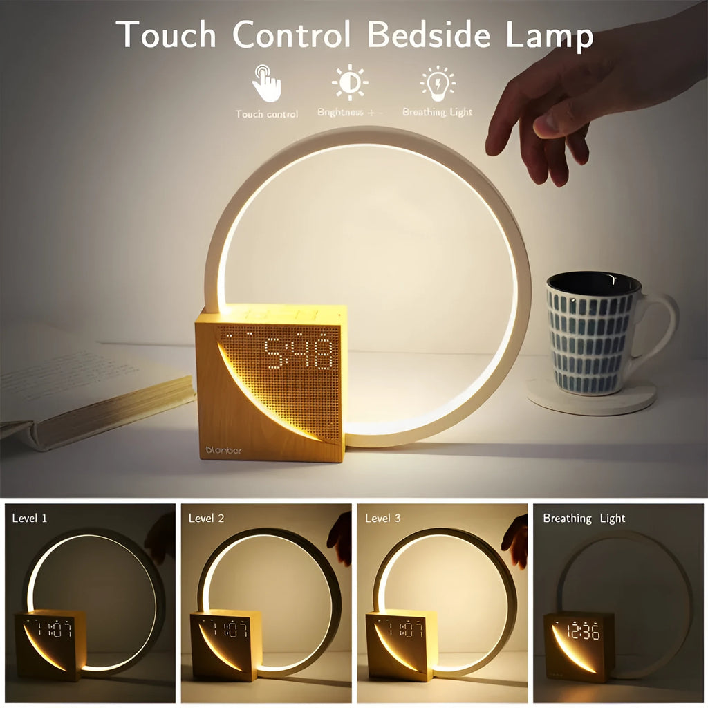 Touch control desk lamp with digital alarm clock display and natural sounds player in wooden finish
