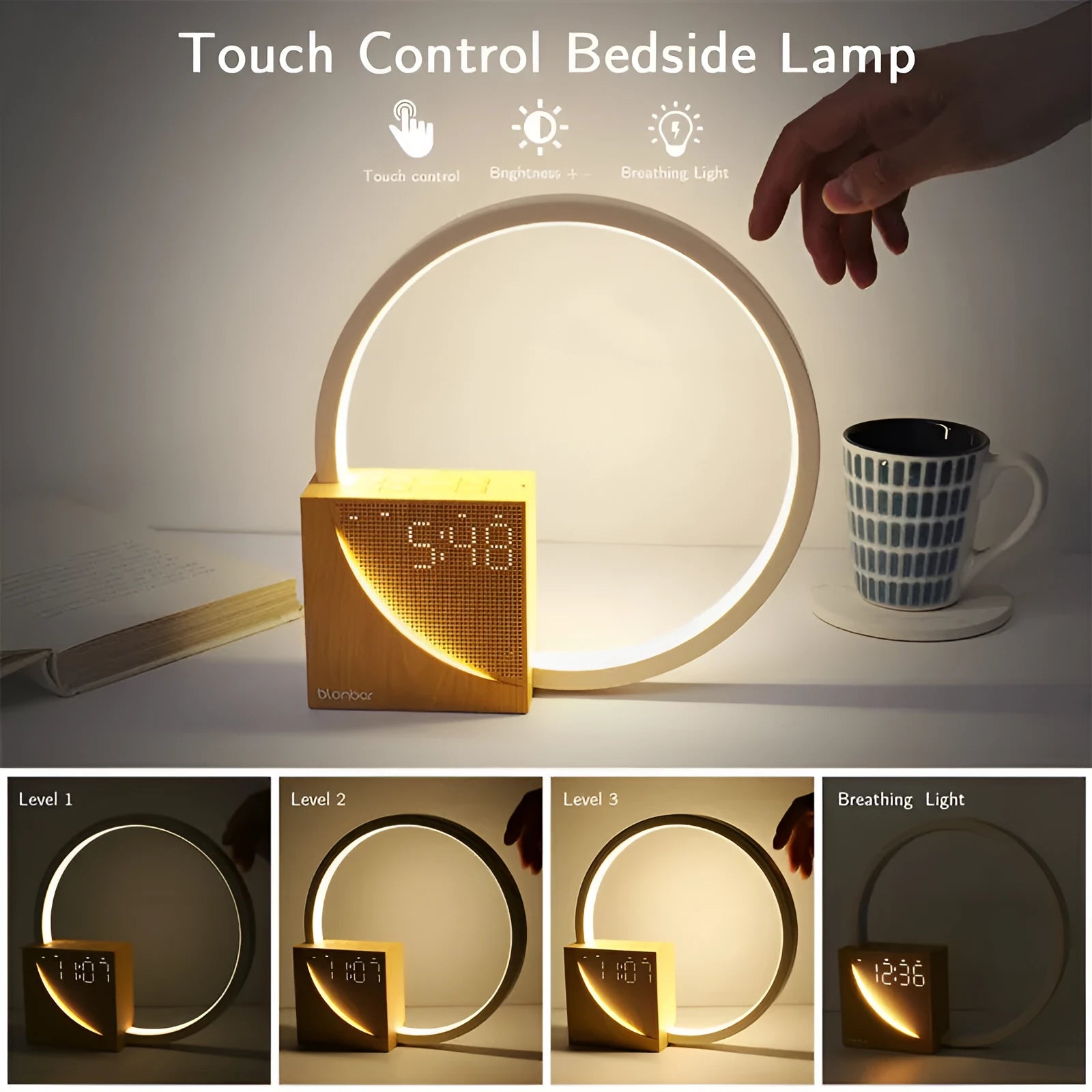 Touch control desk lamp with digital alarm clock display and natural sounds player in wooden finish