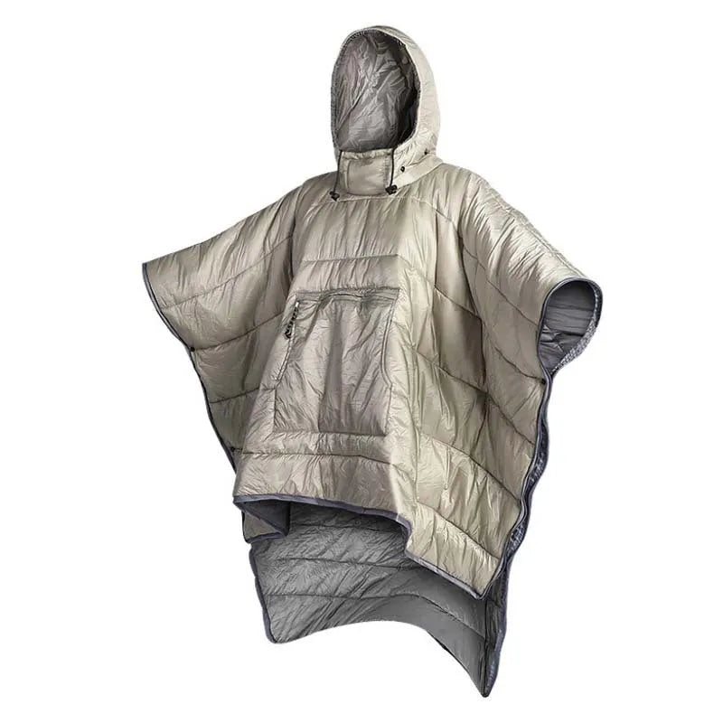 Army Green outdoor cloak sleeping bag worn as cape with 200x140cm dimensions and hollow cotton insulation