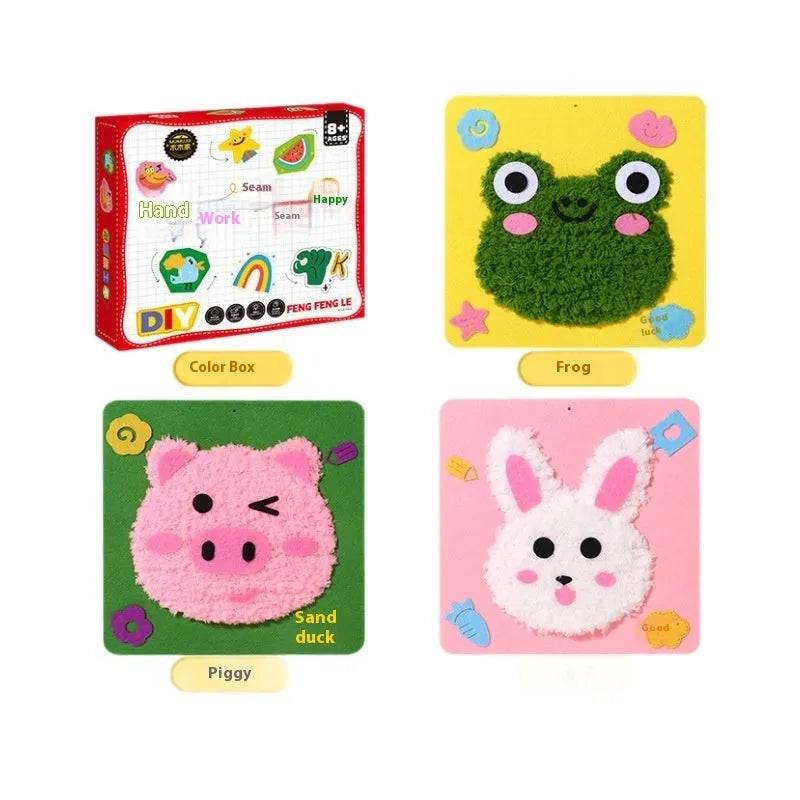 Children's cartoon animal wool embroidery painting kit with cloth canvas, 15cm size, featuring rabbit and bear designs for DIY play