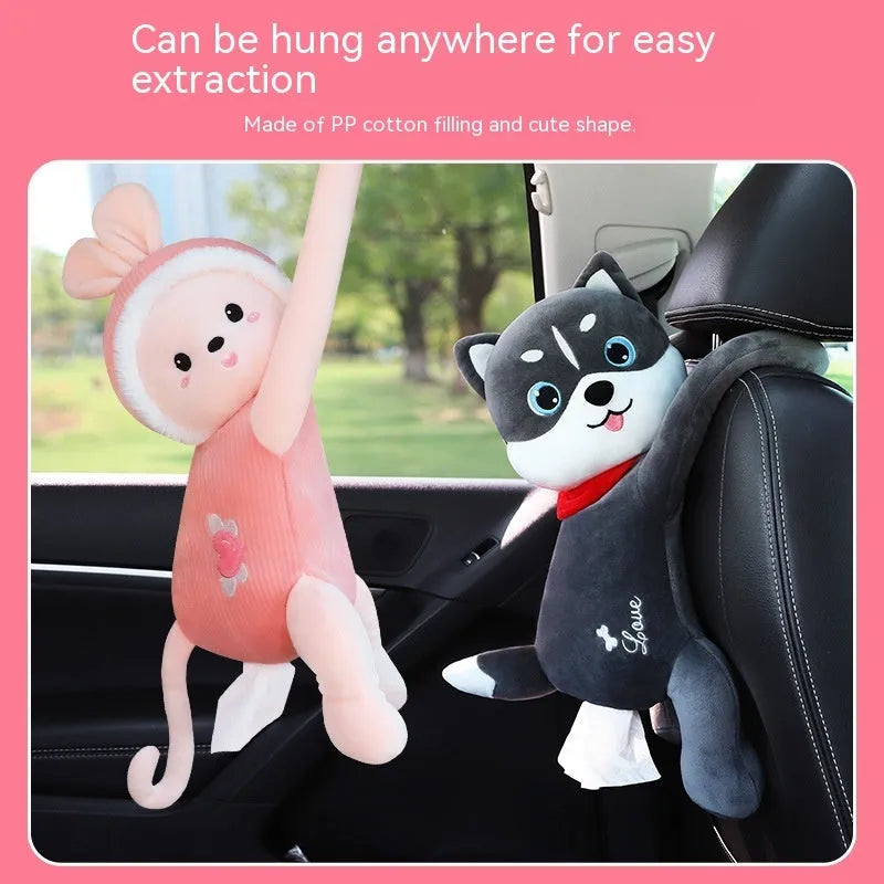 Soft plush car seat back tissue box holder in animal design, showing dimensions 34cm by 15cm.