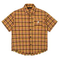 Yellow plaid short sleeve shirt with embroidered pocket detail in loose fit style