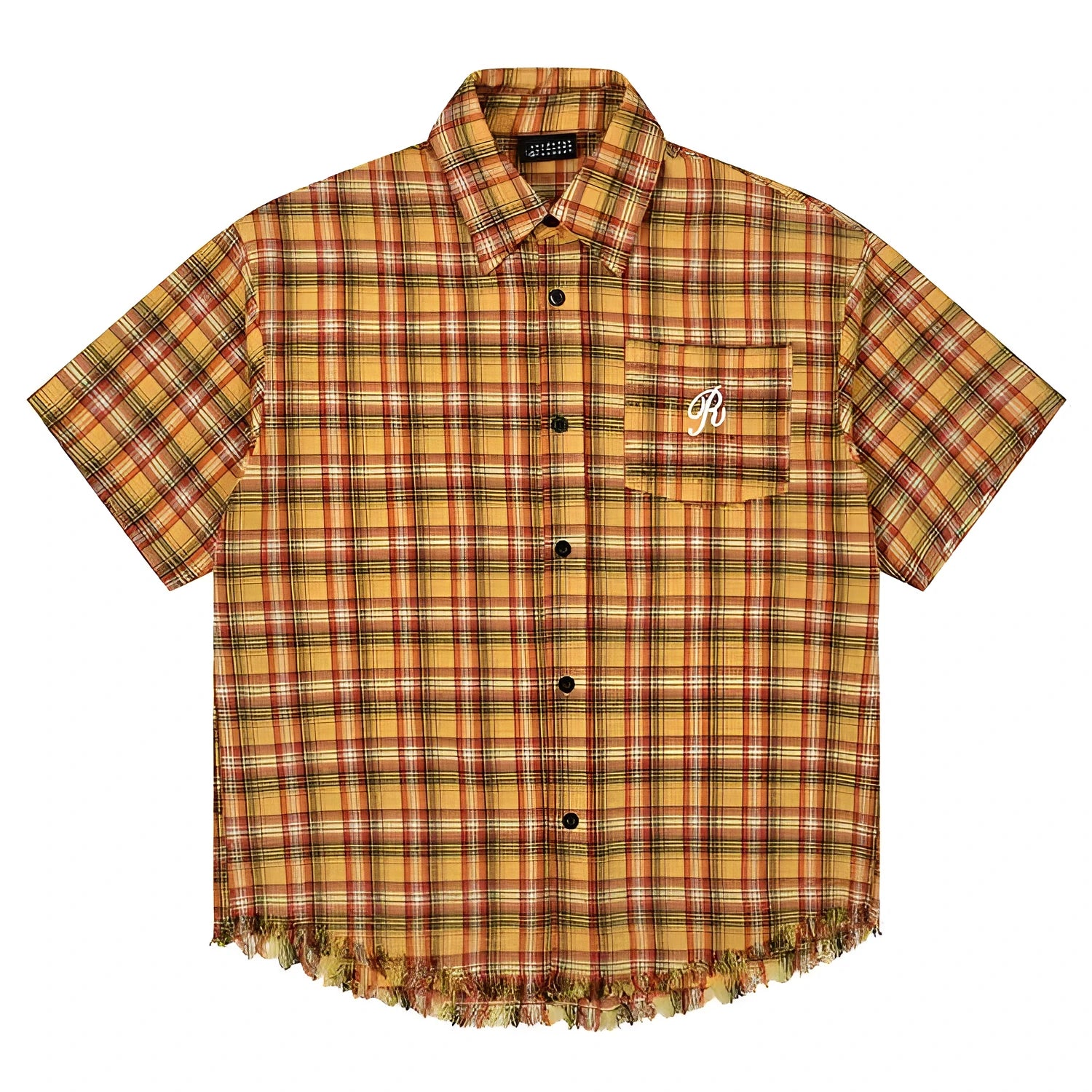 Yellow plaid short sleeve shirt with embroidered pocket detail in loose fit style