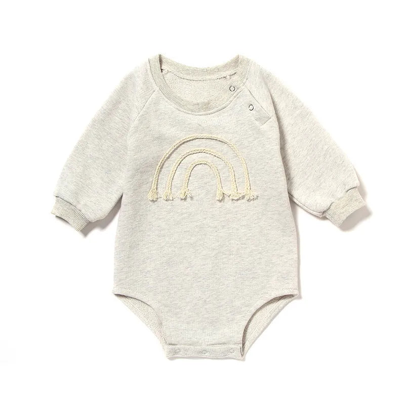 Waffle cotton baby long sleeve romper in beige with cotton rope closure