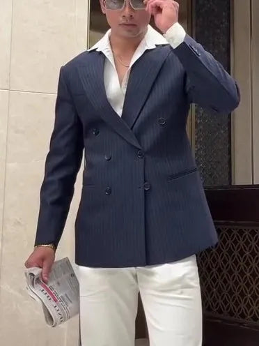 Men's classic stripe double-breasted blazer jacket on a hanger