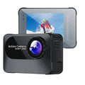 Black plastic action camera with touch screen and wide-angle lens, shown with USB cable.