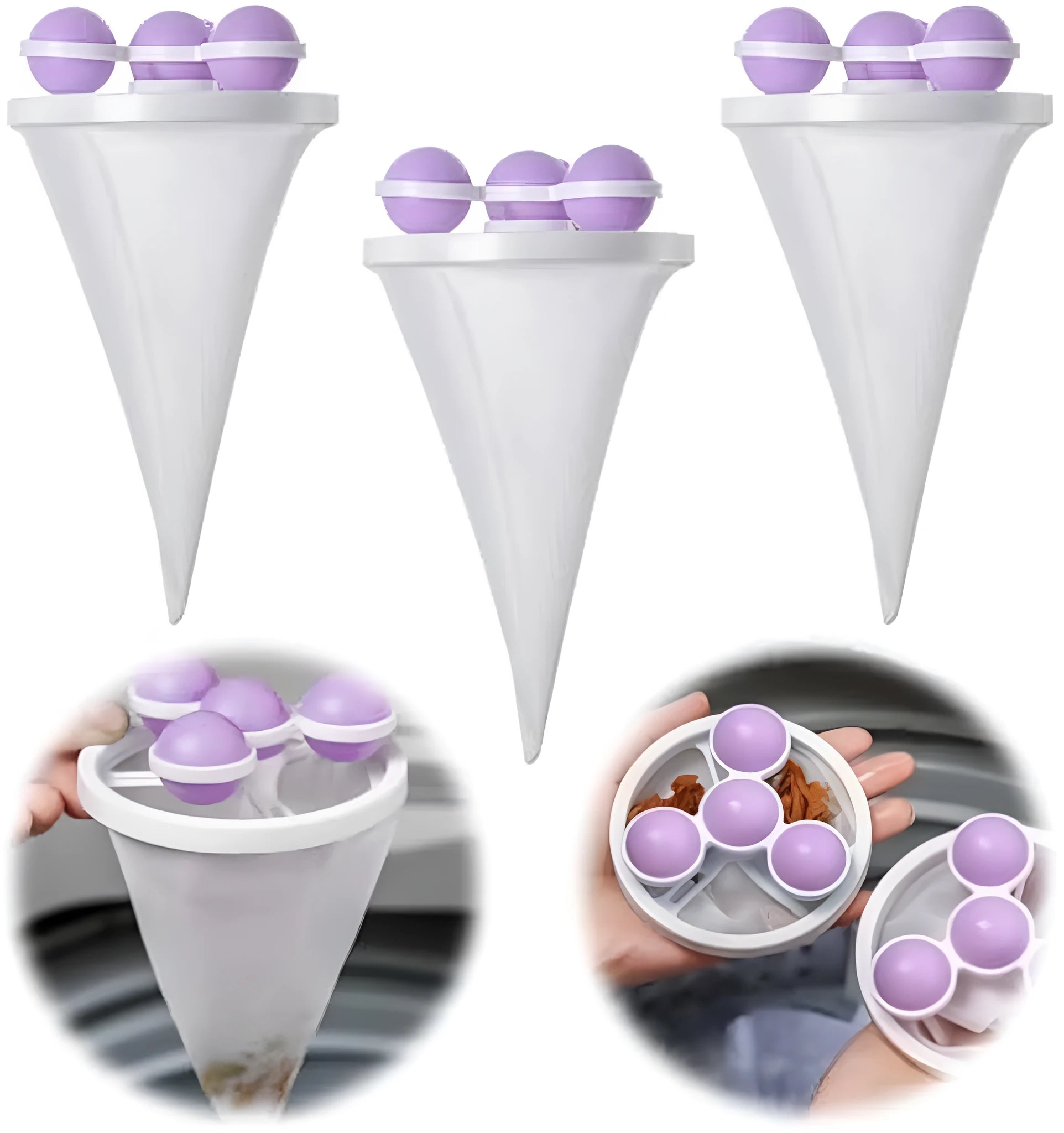 Reusable washing machine filter bag in blue pink purple colours catching pet hair and lint