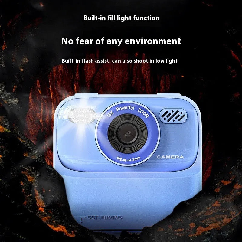 Multi-colour plastic digital camera for kids and teens with blue printing paper rolls and memory card