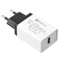 Compact single-port QC3.0 fast travel charger in multiple colours with EU and US plug options.