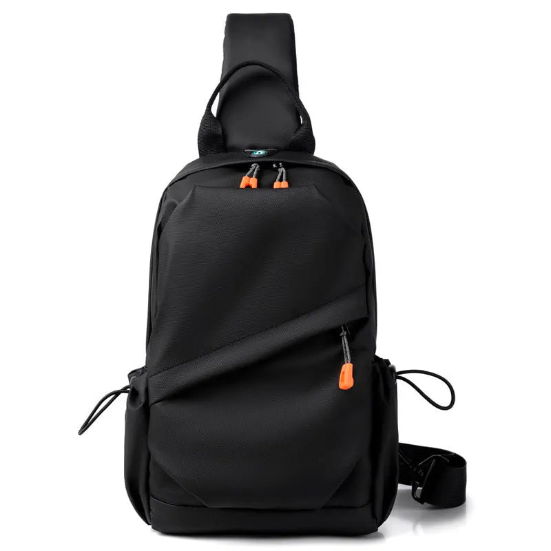 Men's black polyester crossbody bag worn on single shoulder with adjustable strap