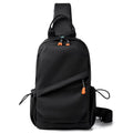 Men's black polyester crossbody bag worn on single shoulder with adjustable strap