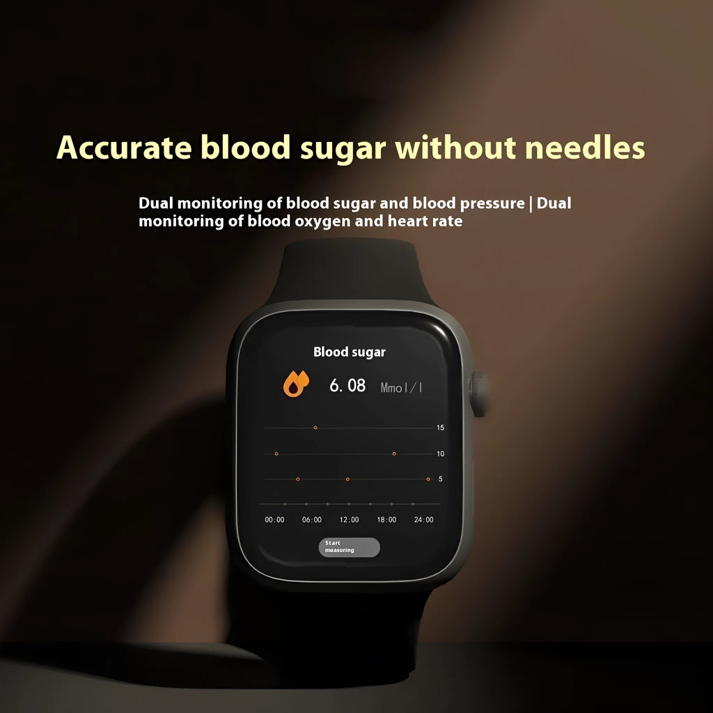 Blood sugar testing smart watch with TFT screen, Bluetooth calling, and health monitoring in black