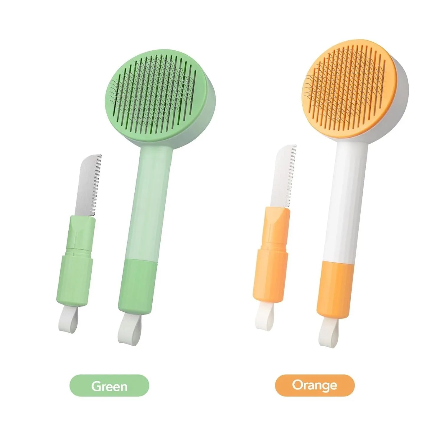 Green and yellow pet deshedding brush with stainless steel teeth and hanging loop