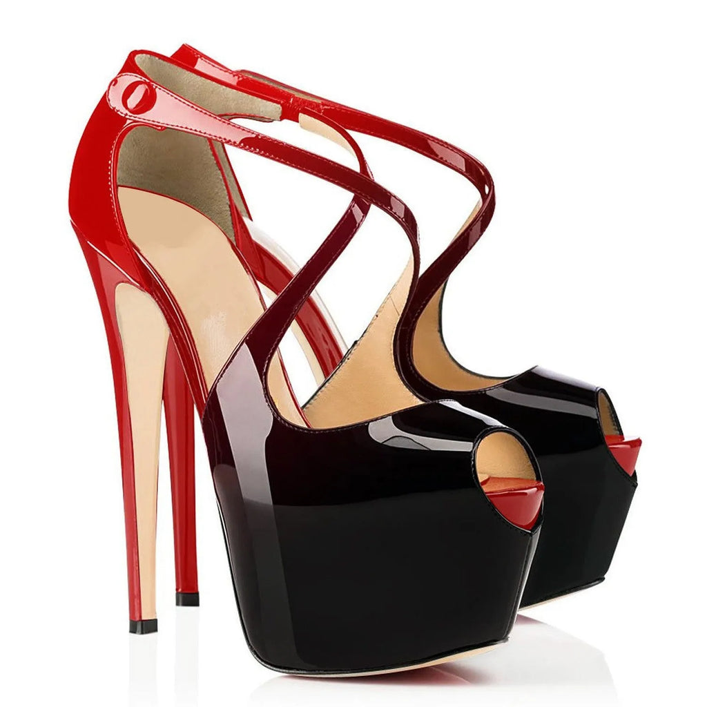 Women's black and red peep toe high heel shoes with a matching cross ankle strap and super high heel.
