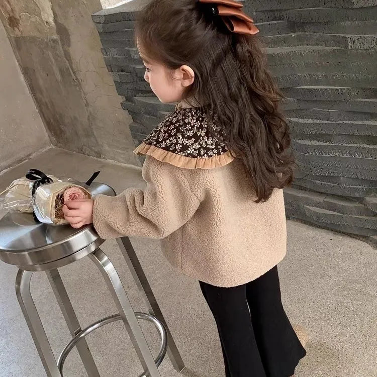 Mori style girls' fleece-lined winter coat in khaki colour for toddlers, long sleeves, polyester outer