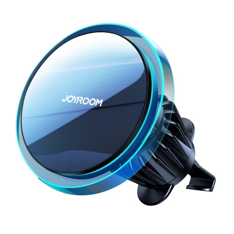 Black magnetic wireless car phone charger mounted on vehicle air vent