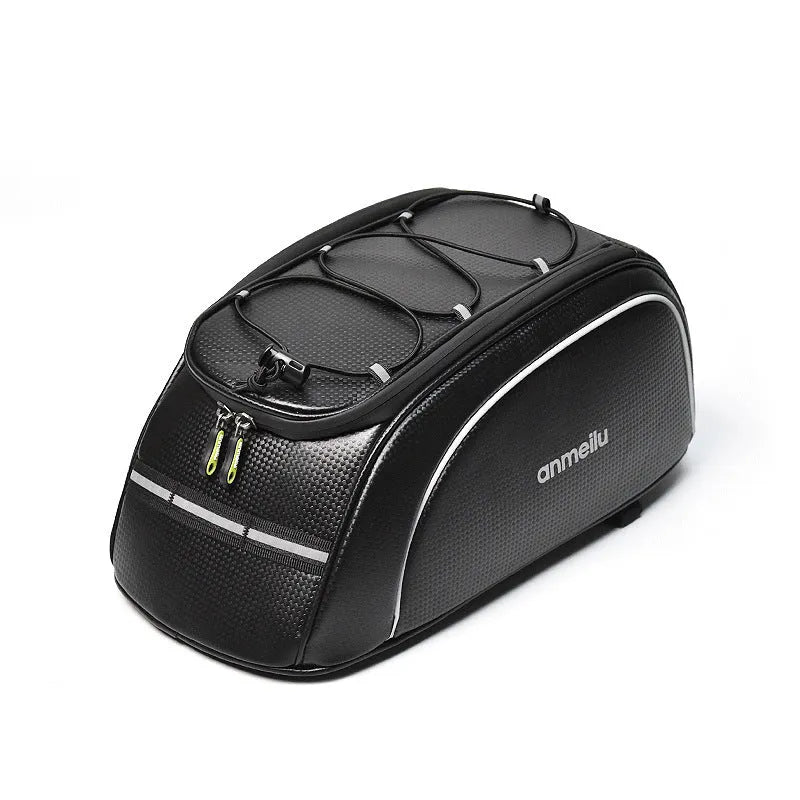 Black waterproof bicycle rear rack bag with 8L capacity mounted on bicycle