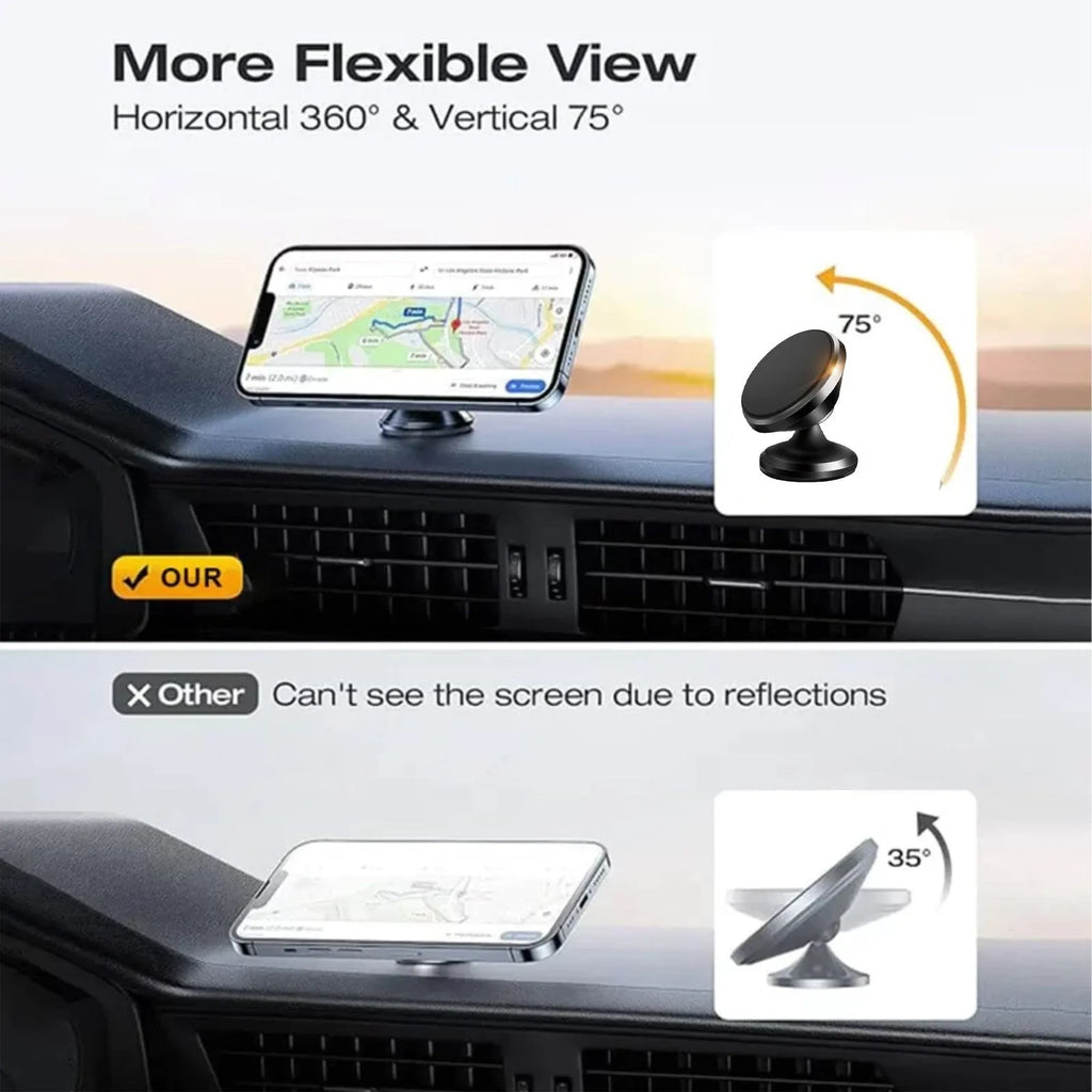 Magnetic car foldable phone holder in black ABS plastic, 3.2x3.5cm, shown on a dashboard