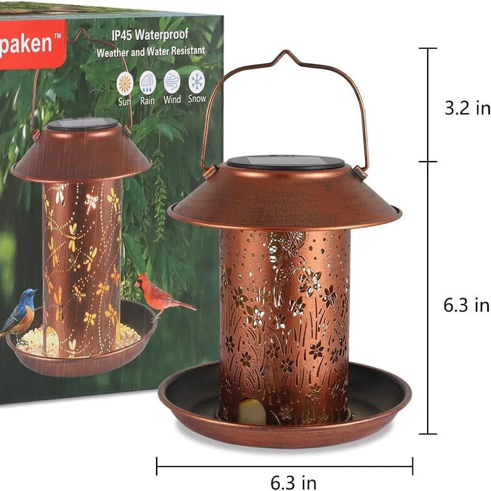 Solar-powered iron art bird feeder lamp with hummingbird decoration for outdoor garden use