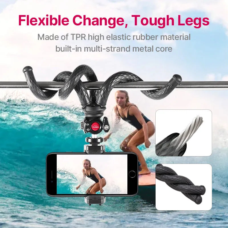 Black flexible octopus tripod with phone clip, extended to 360mm length.