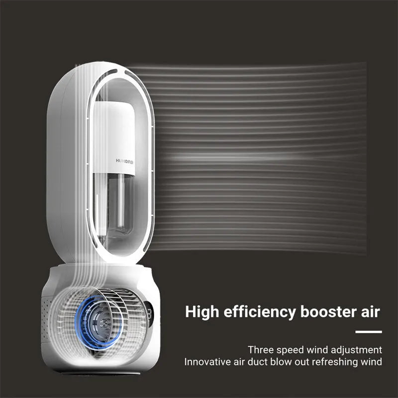 White bladeless table fan with water tank humidifier and digital control panel.