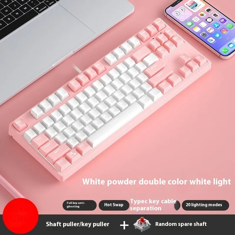 87-key wired mechanical gaming keyboard with hot-swappable switches in dual-colour keycap configuration