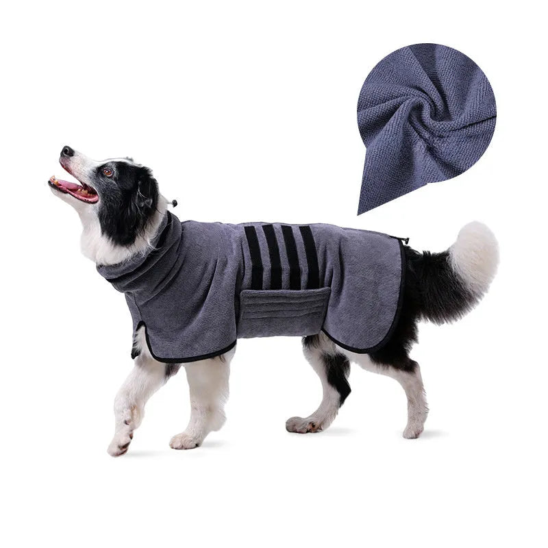 Adjustable dog bathrobe in blue, gray, green, or navy, sizes Xs to 3XL, for drying small to large dogs after bathing