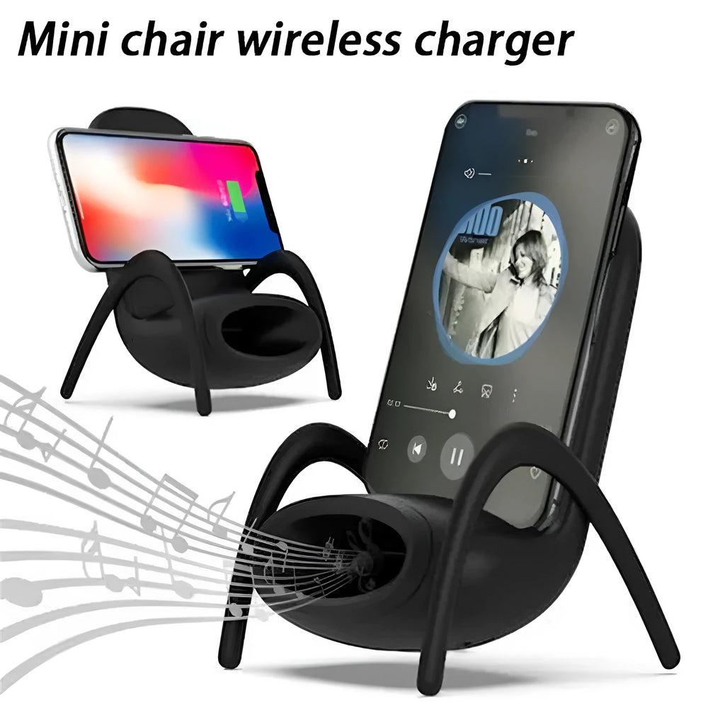 White mini chair-shaped wireless phone charger with 10W fast charging capability on desk