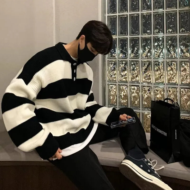 Men's loose striped pullover sweater coat in black or grey colour, long sleeves.