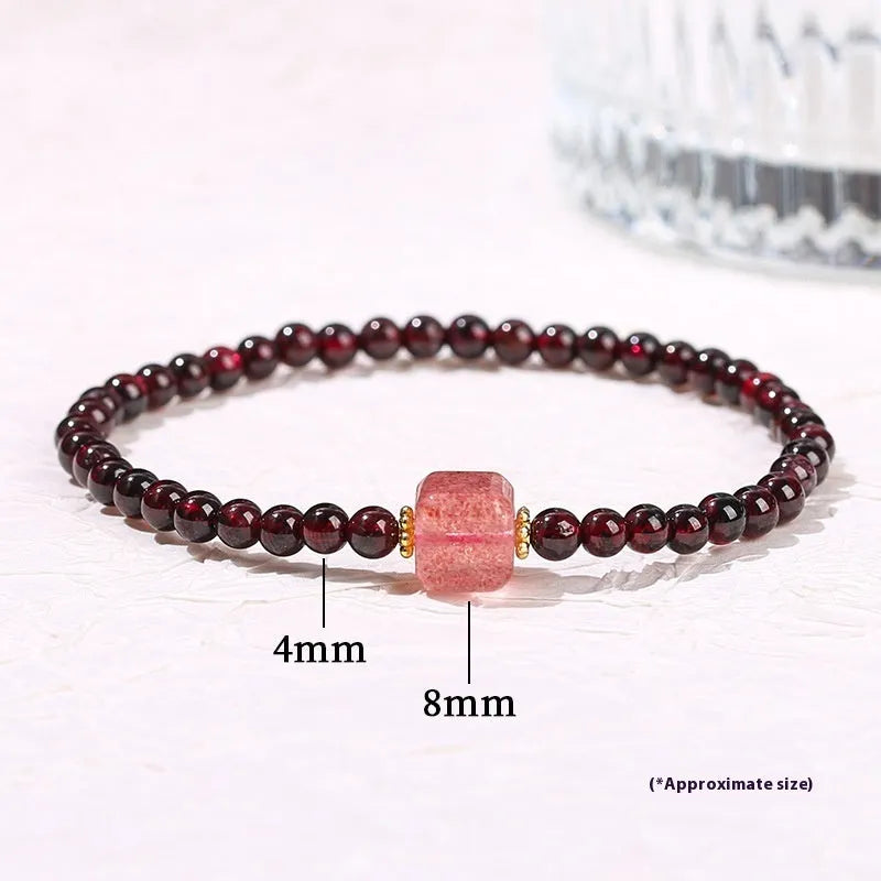 Geometric square garnet bracelet with strawberry quartz and purple sand pixiu charm.