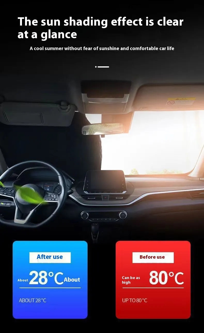 Aluminium foil car sunshade in titanium silver colour shown folded, with size options 140cmx70cm and 150cmx80cm.