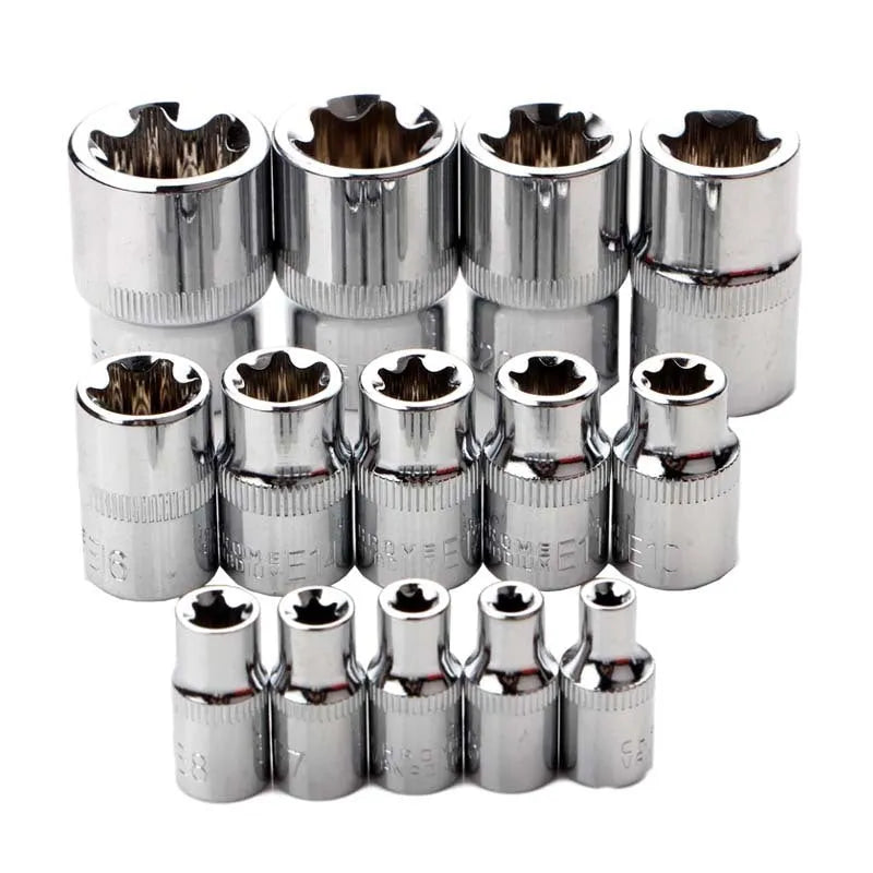 Red box containing 14-piece chrome vanadium steel E-type socket tool set for repair work