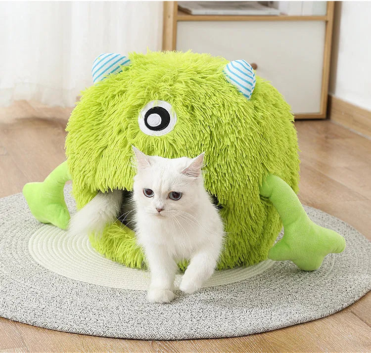 Fluffy round cat bed with plush material and non-slip bottom in three size options
