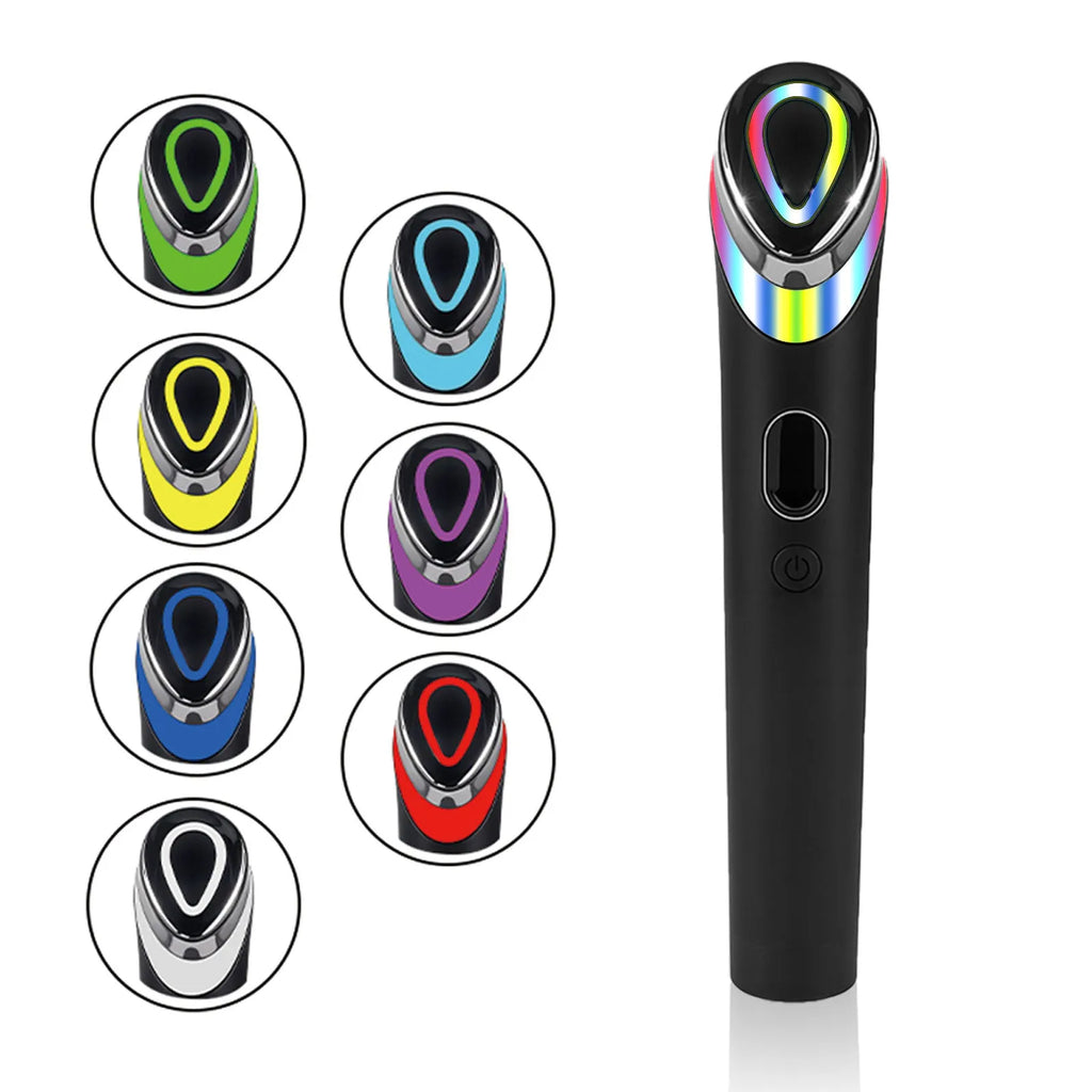 Black eye massager with 7 colour LED lights including red and blue therapy modes