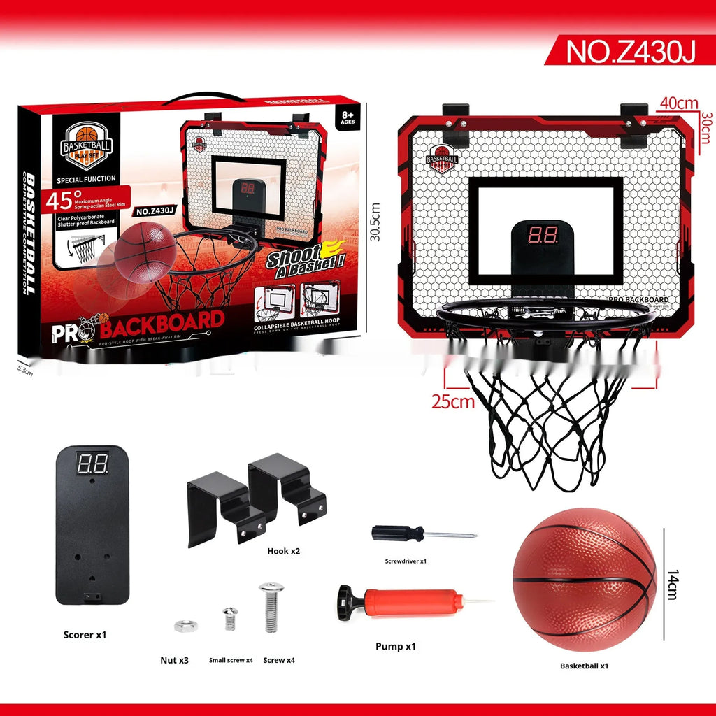 Folding basketball dunk frame with blue parallel panels and suction cup mounts for indoor walls.