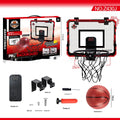 Folding basketball dunk frame with blue parallel panels and suction cup mounts for indoor walls.