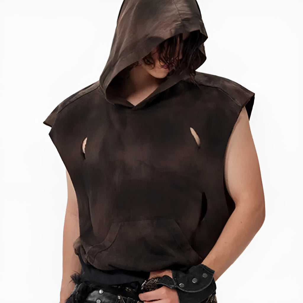 Khaki cotton short sleeve hooded vest with front pouch pocket and oversized streetwear fit